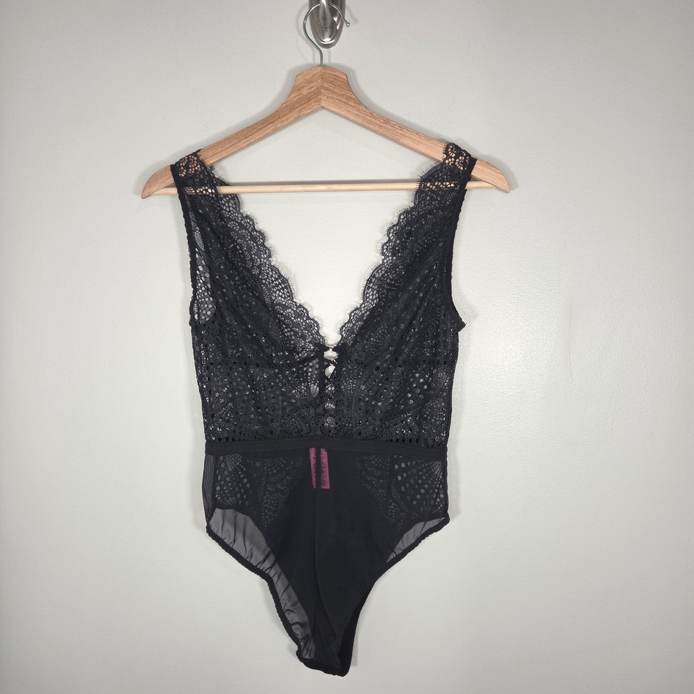 La Senza Black Lace Mesh Teddy Bodysuit Women's Medium Plunge Sheer Lingerie